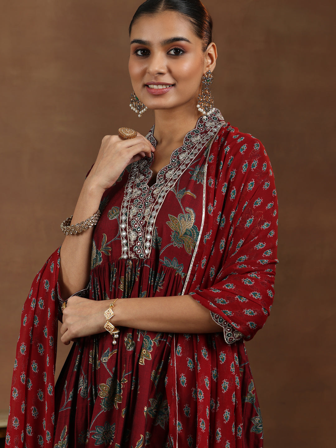 Maroon Printed Silk Blend A-Line Kurta With Trousers & Dupatta