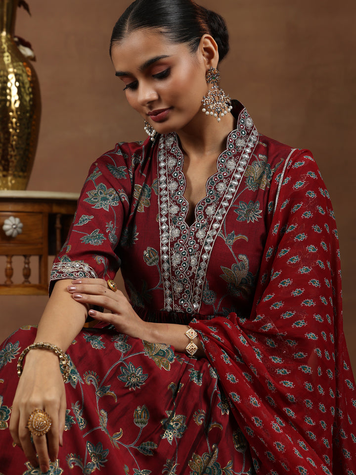Maroon Printed Silk Blend A-Line Kurta With Trousers & Dupatta