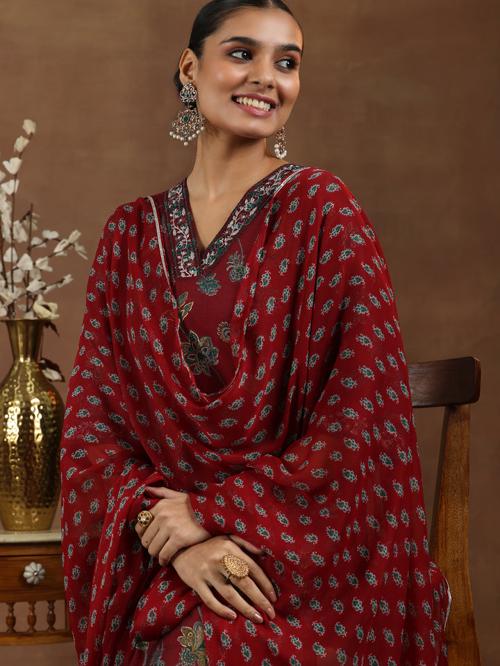 Maroon Printed Silk Blend Straight Suit With Dupatta