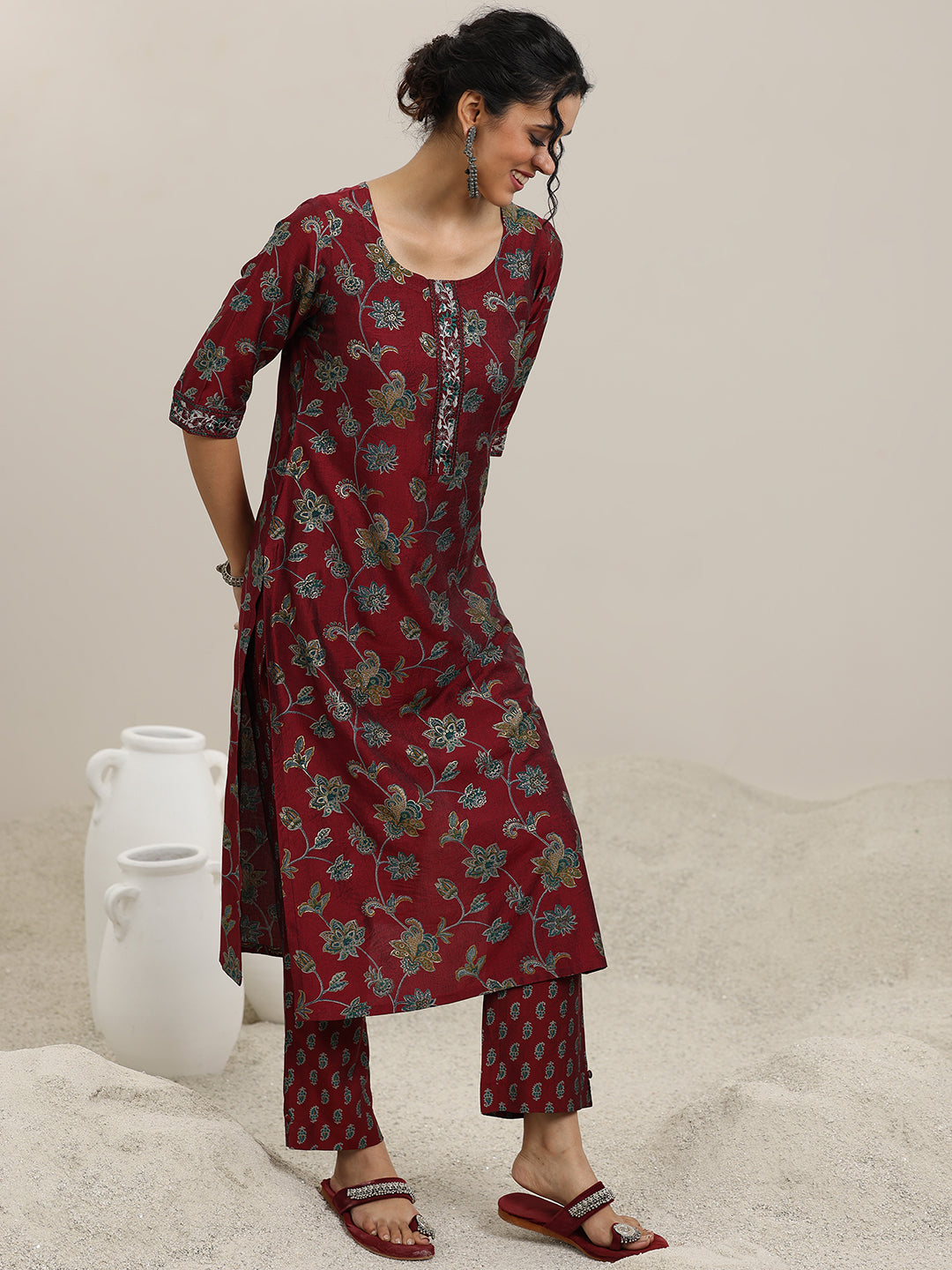 Maroon Printed Silk Blend Straight  Suits With Dupatta