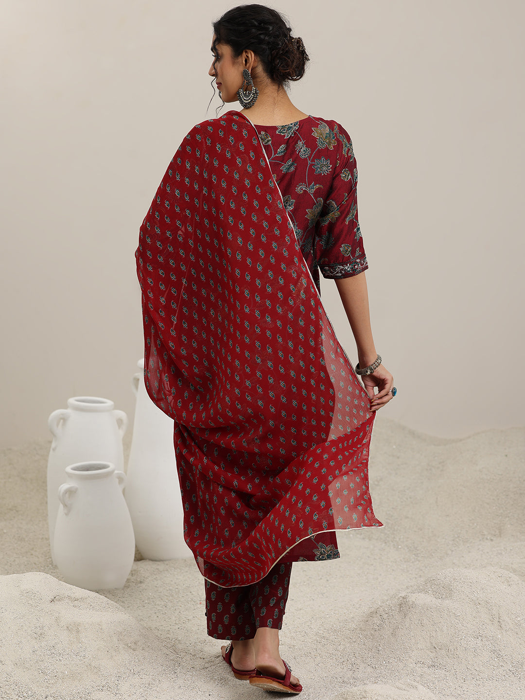 Maroon Printed Silk Blend Straight  Suits With Dupatta