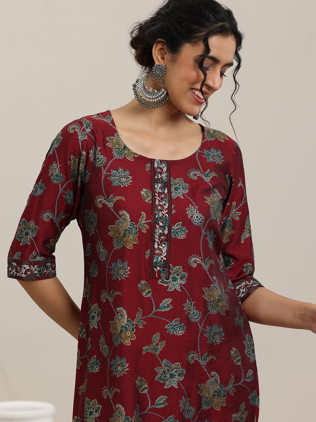 Maroon Printed Silk Blend Straight  Suits With Dupatta
