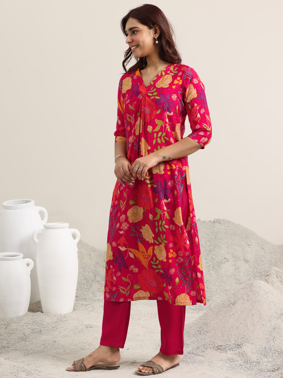 Red Printed Rayon Straight Kurta With Trousers