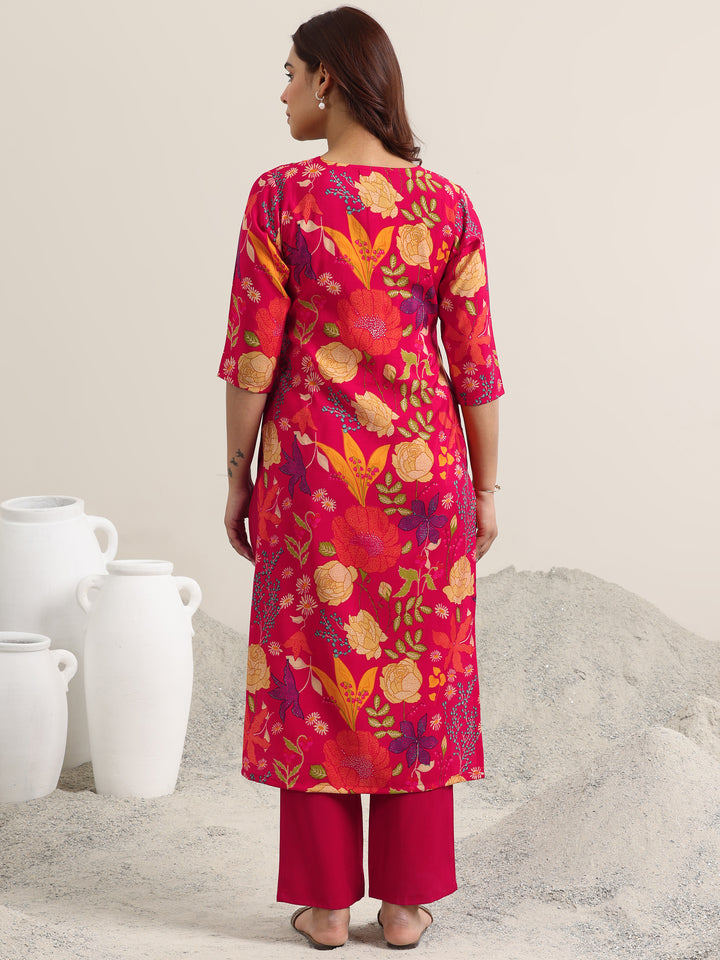 Red Printed Rayon Straight Kurta With Trousers
