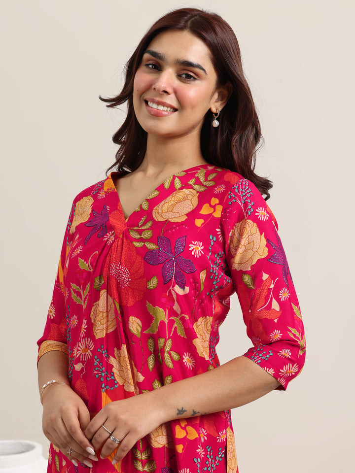 Red Printed Rayon Straight Kurta With Trousers