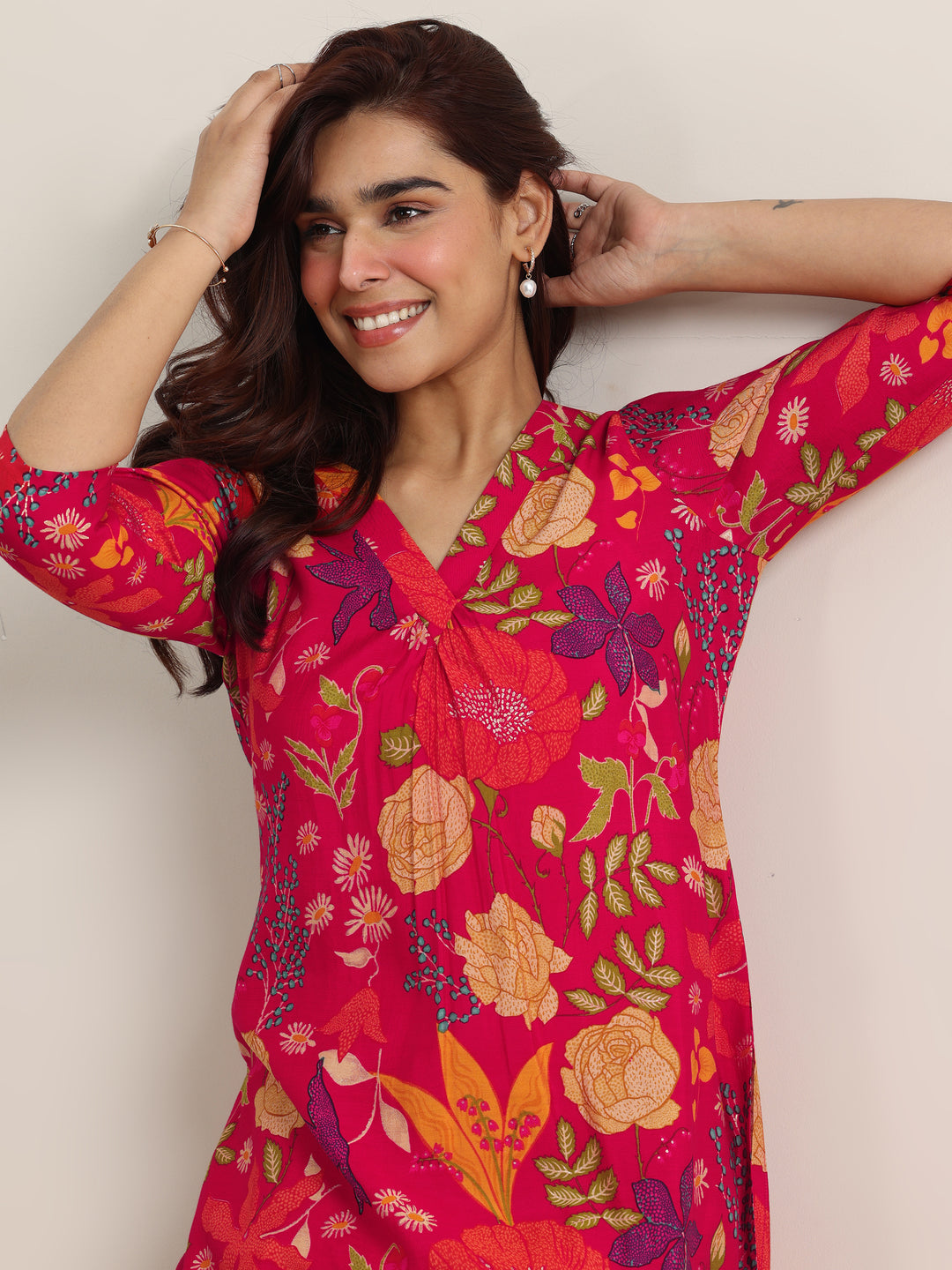 Red Printed Rayon Straight Kurta With Trousers