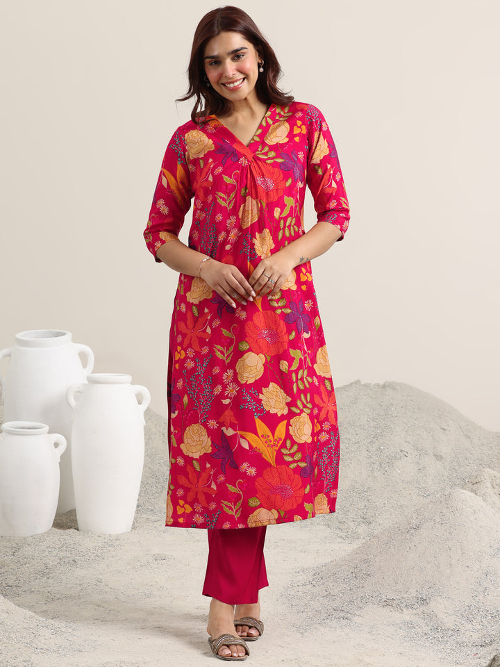 Red Printed Rayon Straight Kurta With Trousers