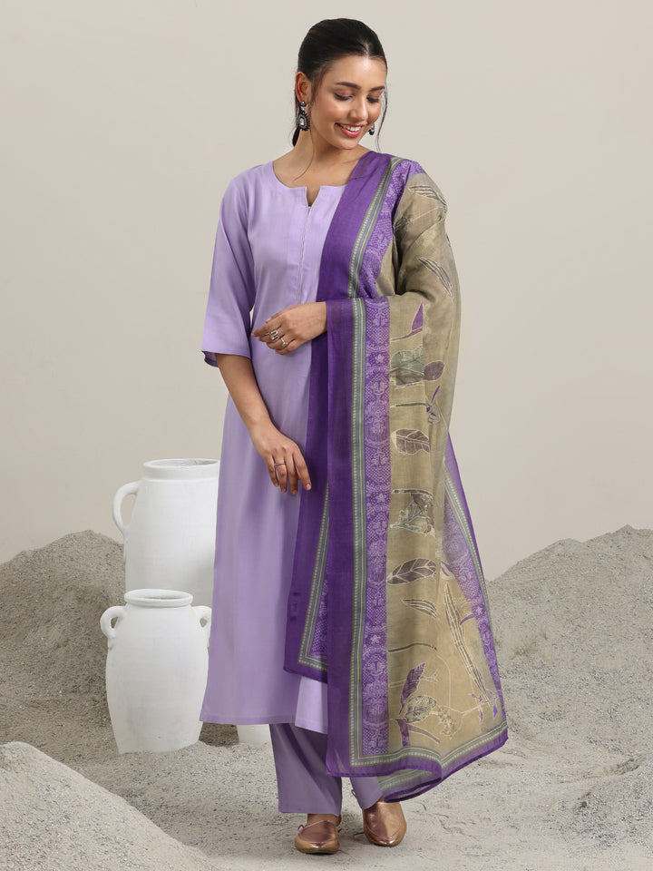 Lavender Solid Rayon Straight Suit With Dupatta