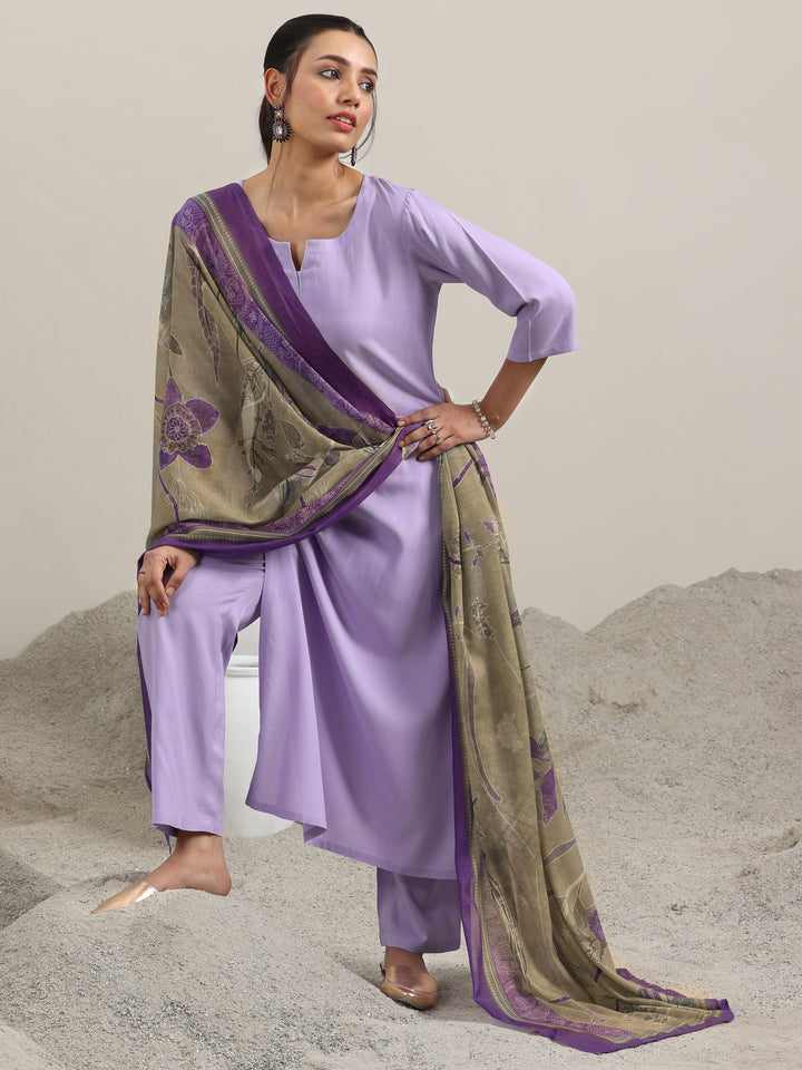 Lavender Solid Rayon Straight Suit With Dupatta