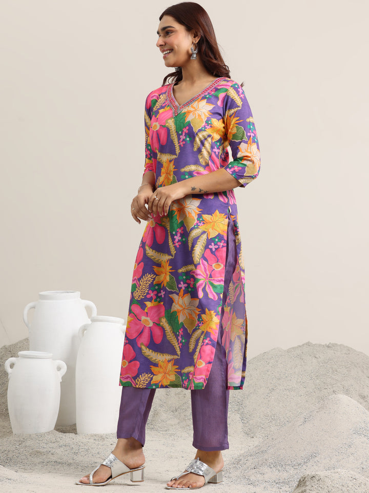 Purple Printed Rayon Straight Suit With Dupatta