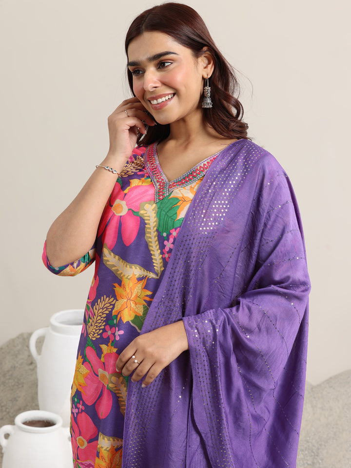 Purple Printed Rayon Straight Suit With Dupatta