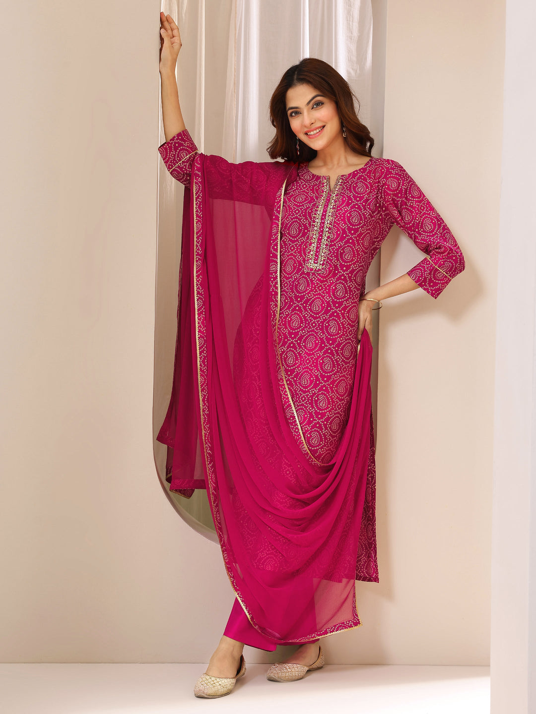 Pink Printed Rayon Straight Suit With Dupatta