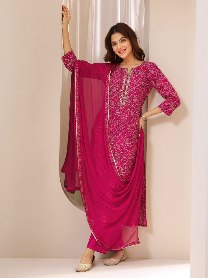 Pink Printed Rayon Straight Suit With Dupatta