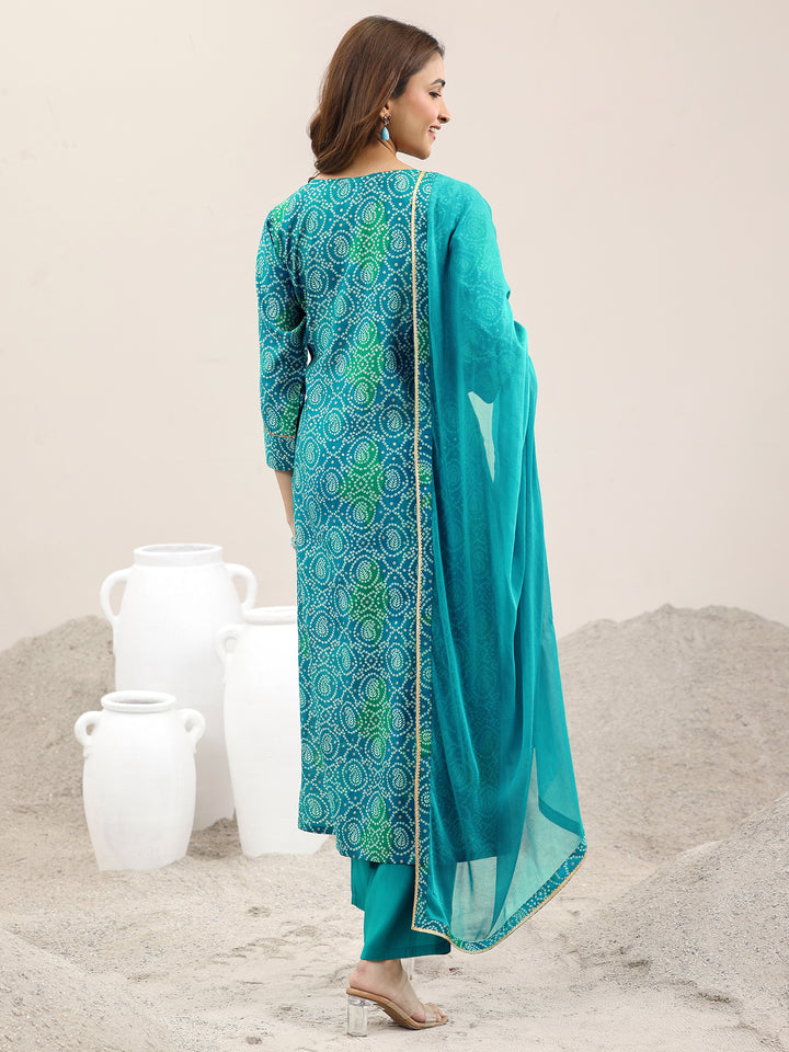 Blue Printed Rayon Straight Suit With Dupatta