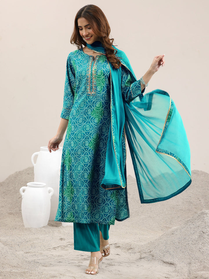 Blue Printed Rayon Straight Suit With Dupatta