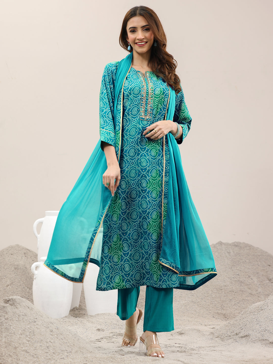 Blue Printed Rayon Straight Suit With Dupatta