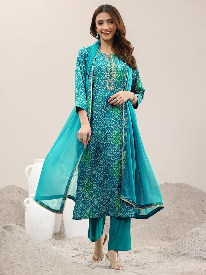 Blue Printed Rayon Straight Suit With Dupatta