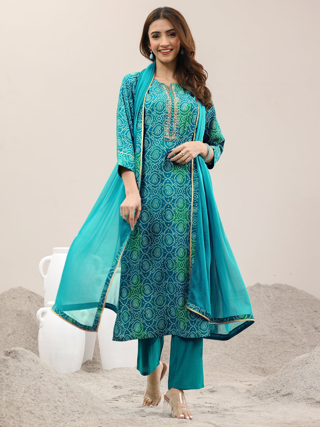 Blue Printed Rayon Straight Suit With Dupatta