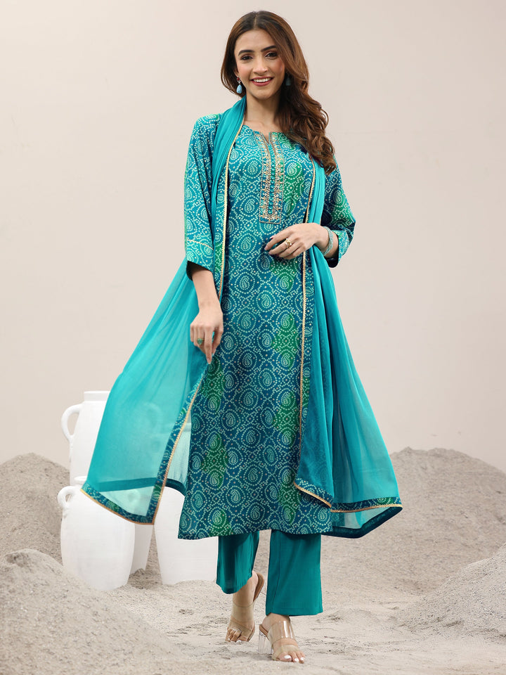 Blue Printed Rayon Straight Suit With Dupatta