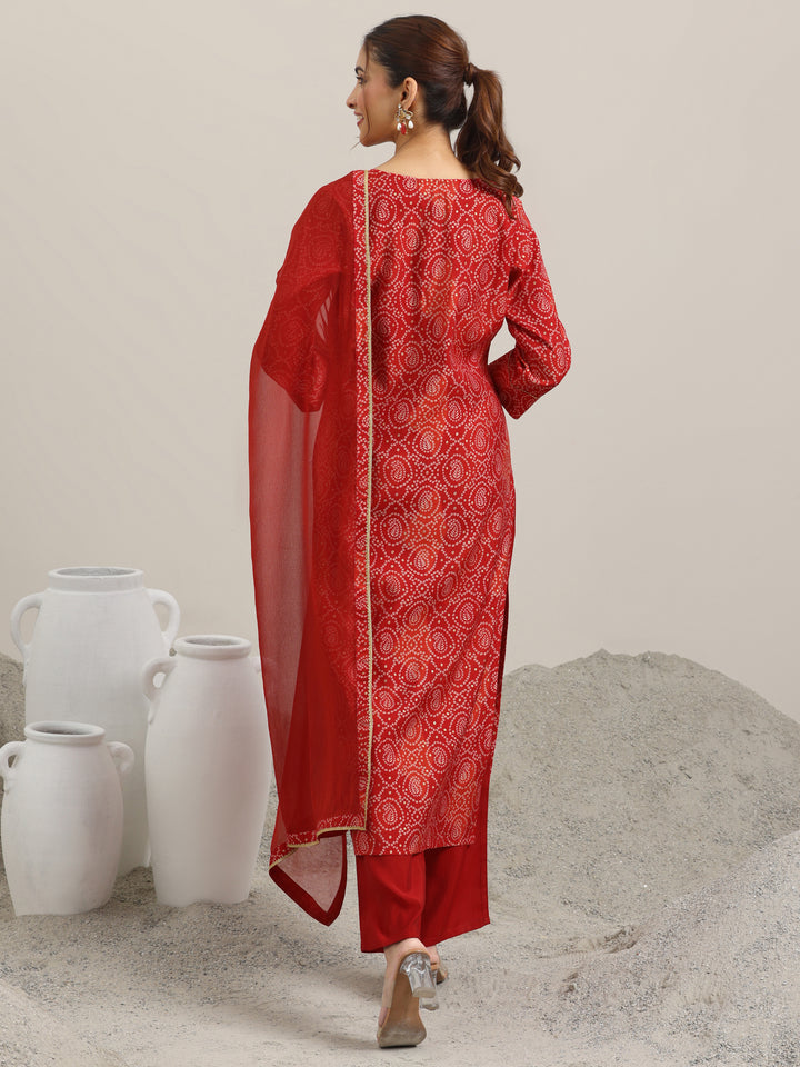 Red Printed Rayon Straight Suit With Dupatta