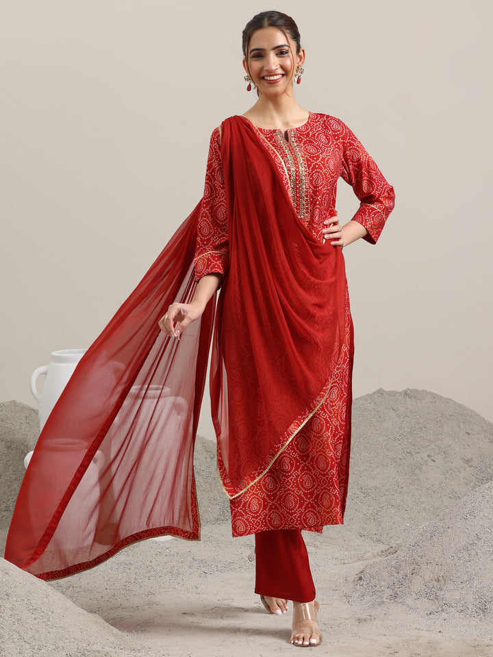 Red Printed Rayon Straight Suit With Dupatta