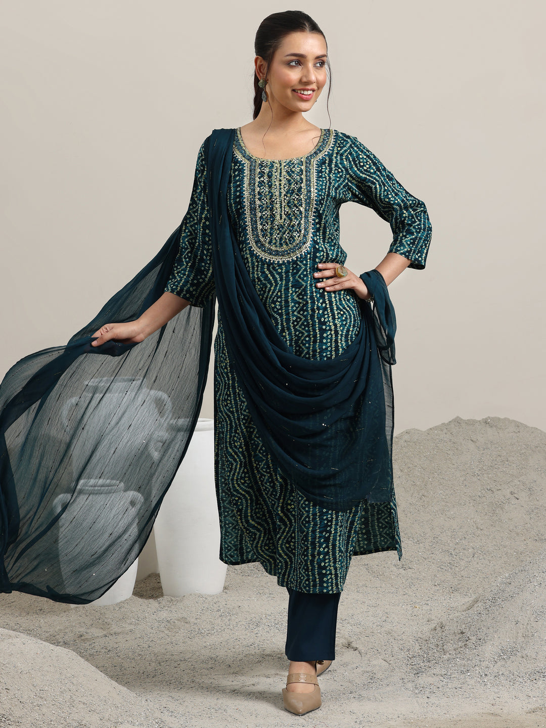 Navy Blue Printed Rayon Straight Suit With Dupatta