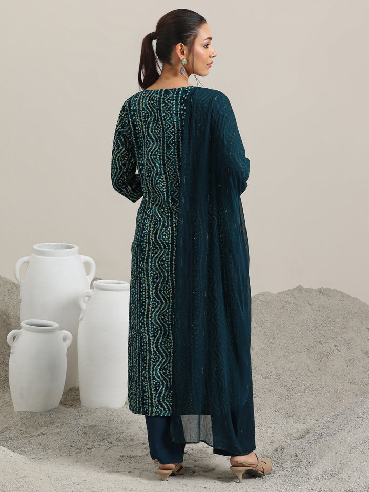 Navy Blue Printed Rayon Straight Suit With Dupatta