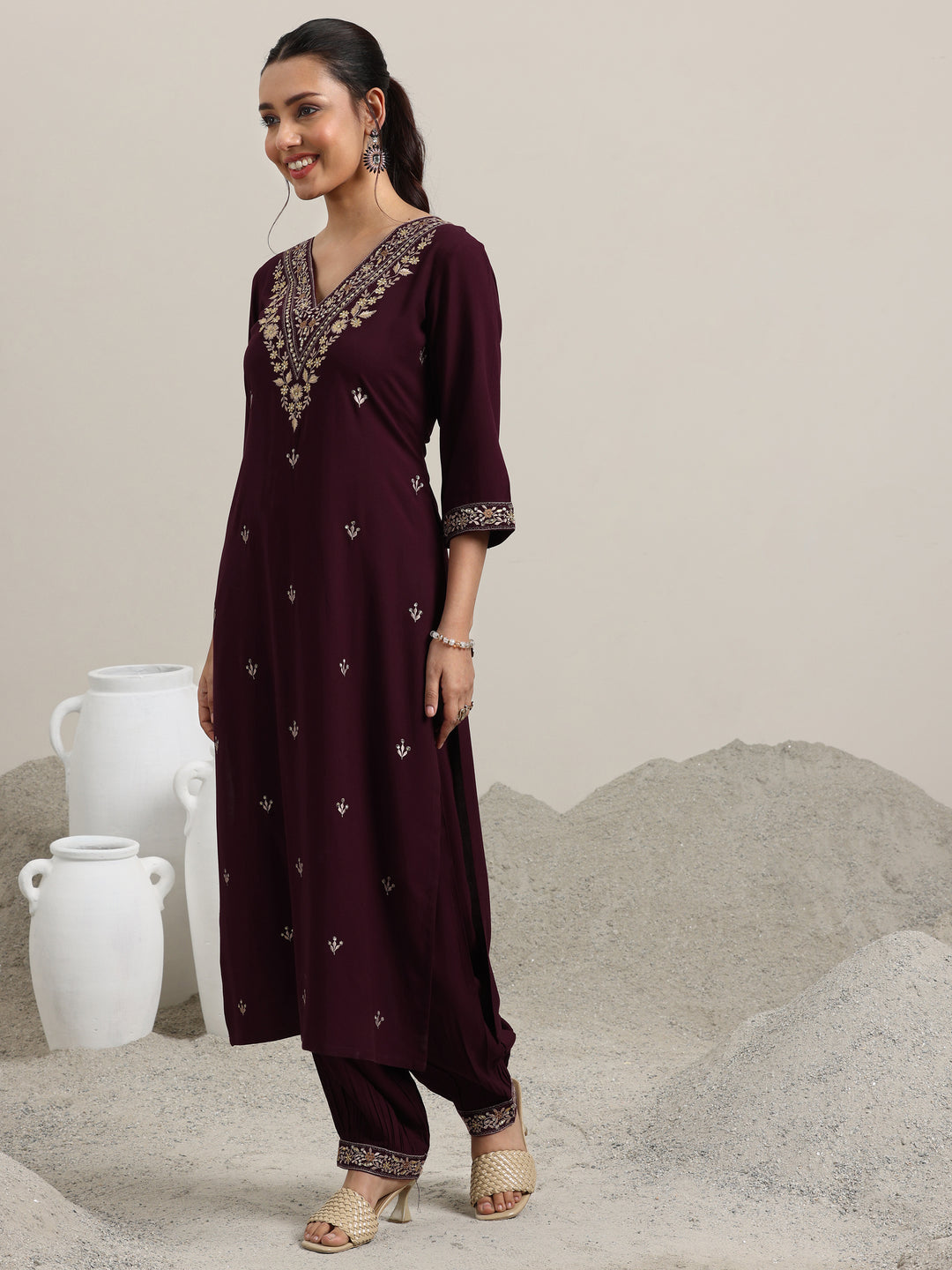 Burgundy Embroidered Rayon Straight Suit With Dupatta