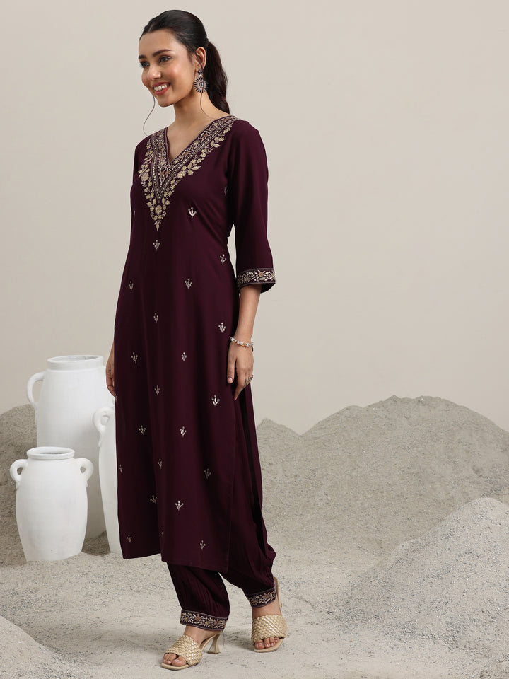 Burgundy Embroidered Rayon Straight Suit With Dupatta