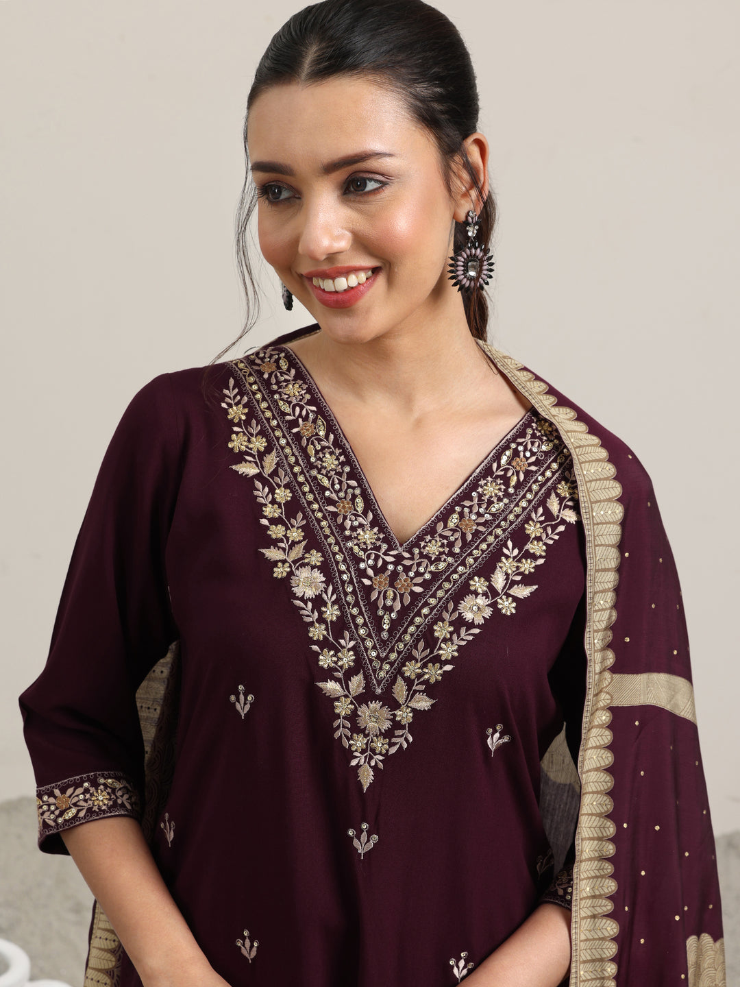 Burgundy Embroidered Rayon Straight Suit With Dupatta