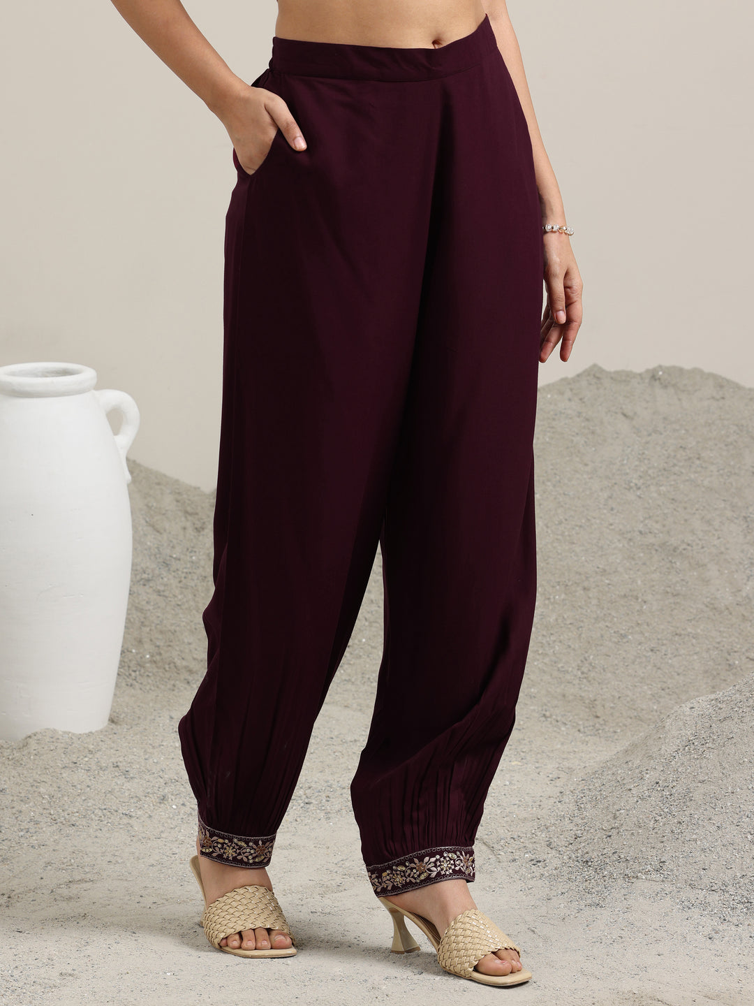 Burgundy Embroidered Rayon Straight Suit With Dupatta