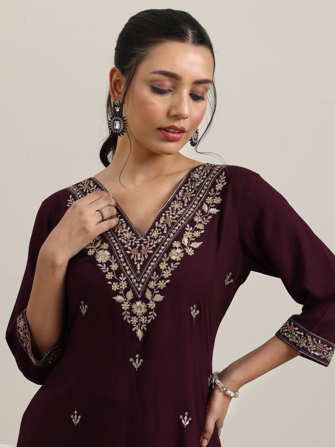 Burgundy Embroidered Rayon Straight Suit With Dupatta
