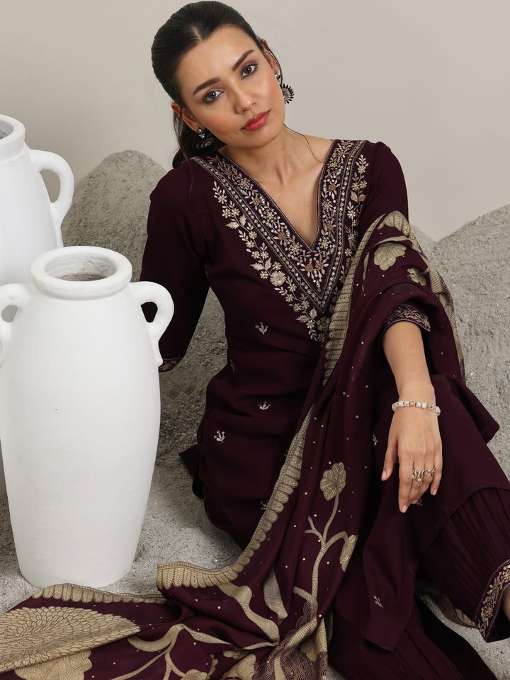 Burgundy Embroidered Rayon Straight Suit With Dupatta