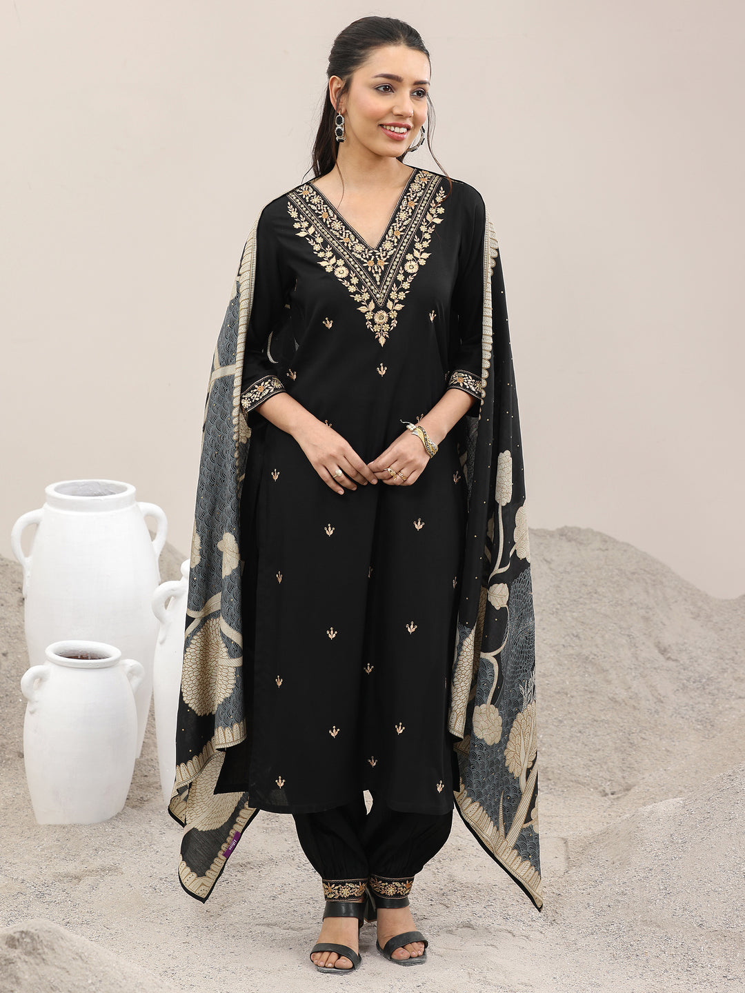 Black Embroidered Rayon Straight Suit With Dupatta