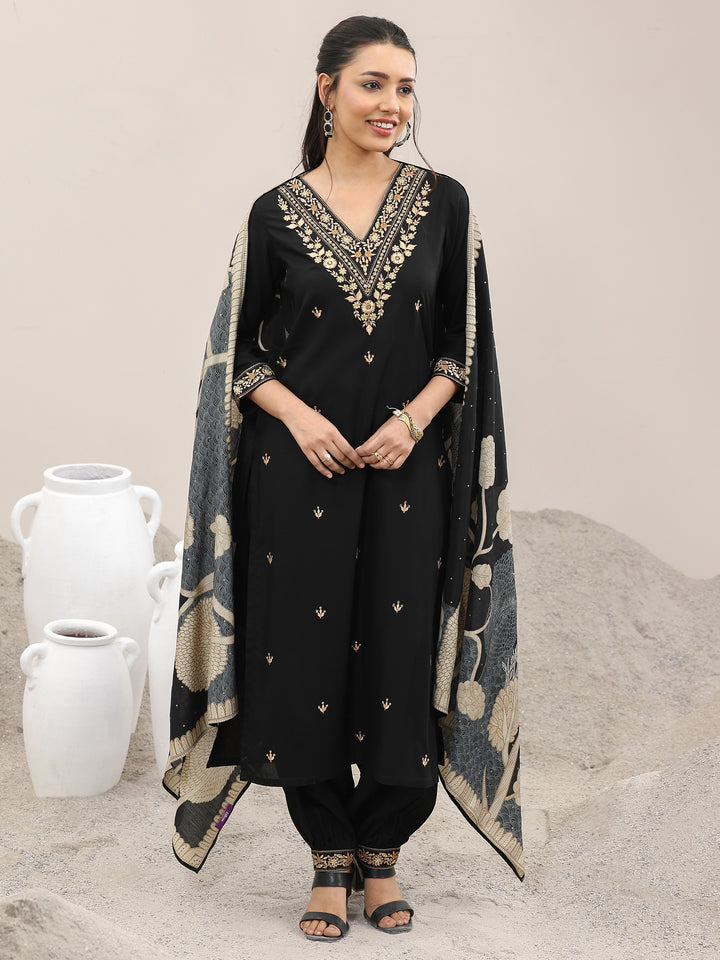 Black Embroidered Rayon Straight Suit With Dupatta