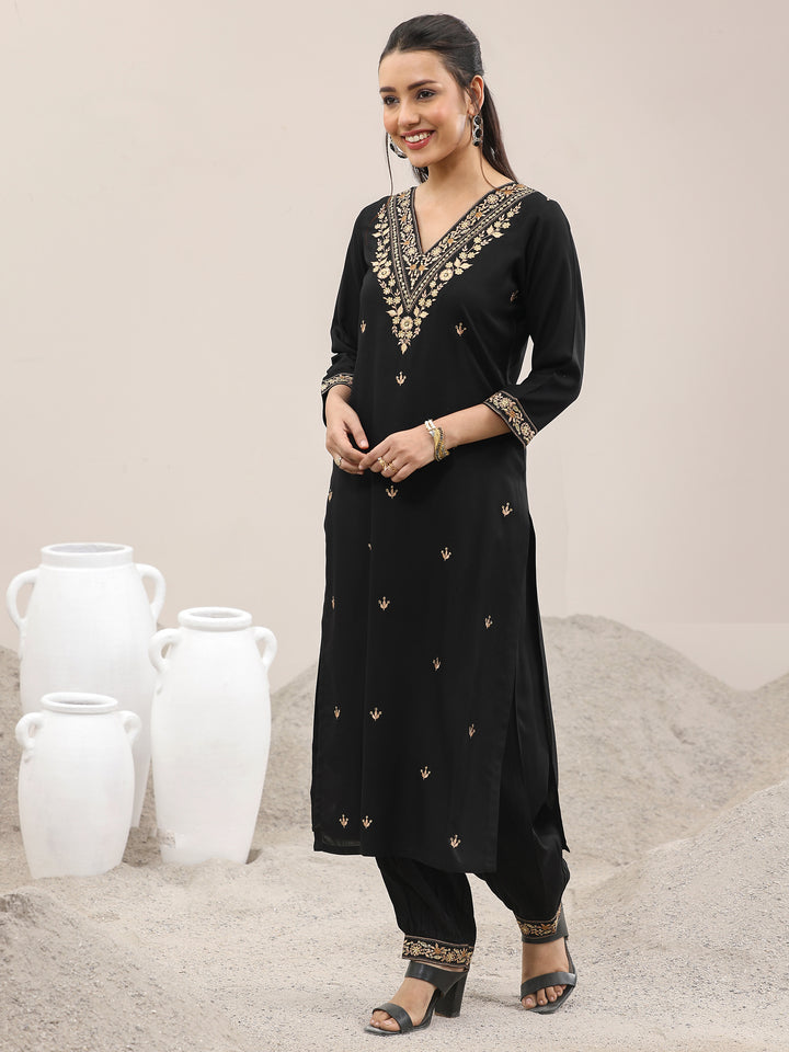 Black Embroidered Rayon Straight Suit With Dupatta