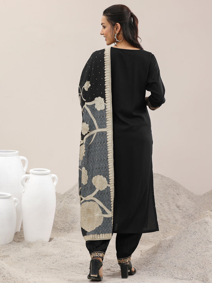 Black Embroidered Rayon Straight Suit With Dupatta