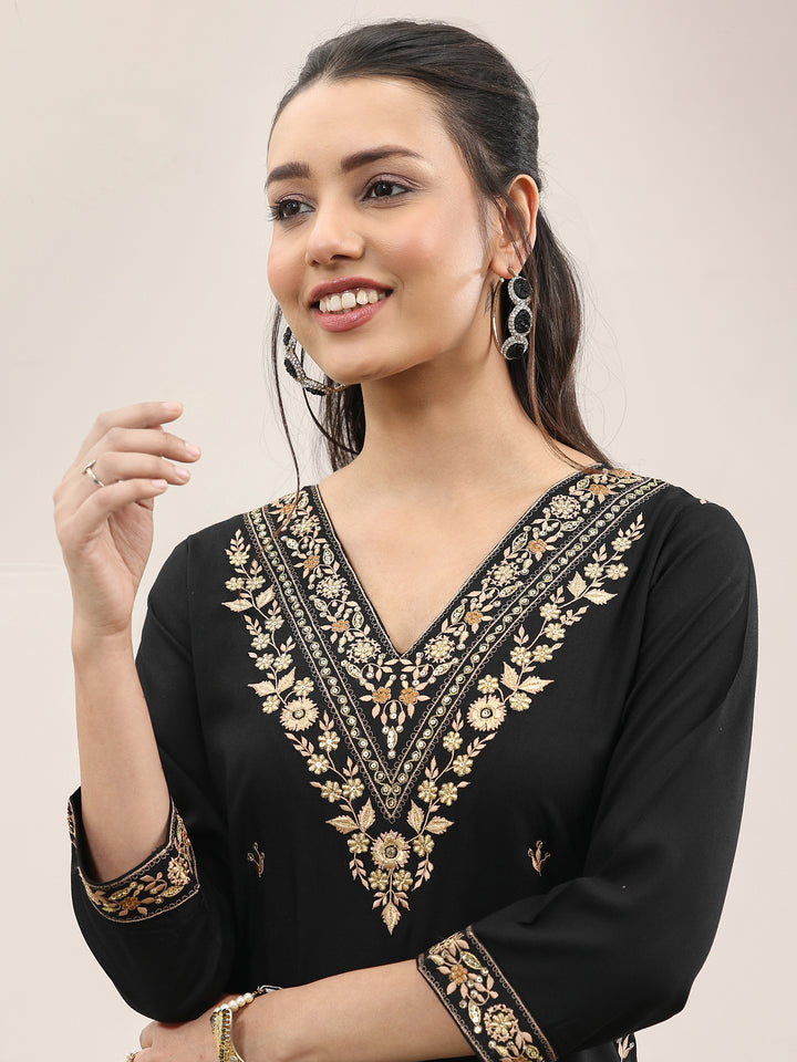 Black Embroidered Rayon Straight Suit With Dupatta