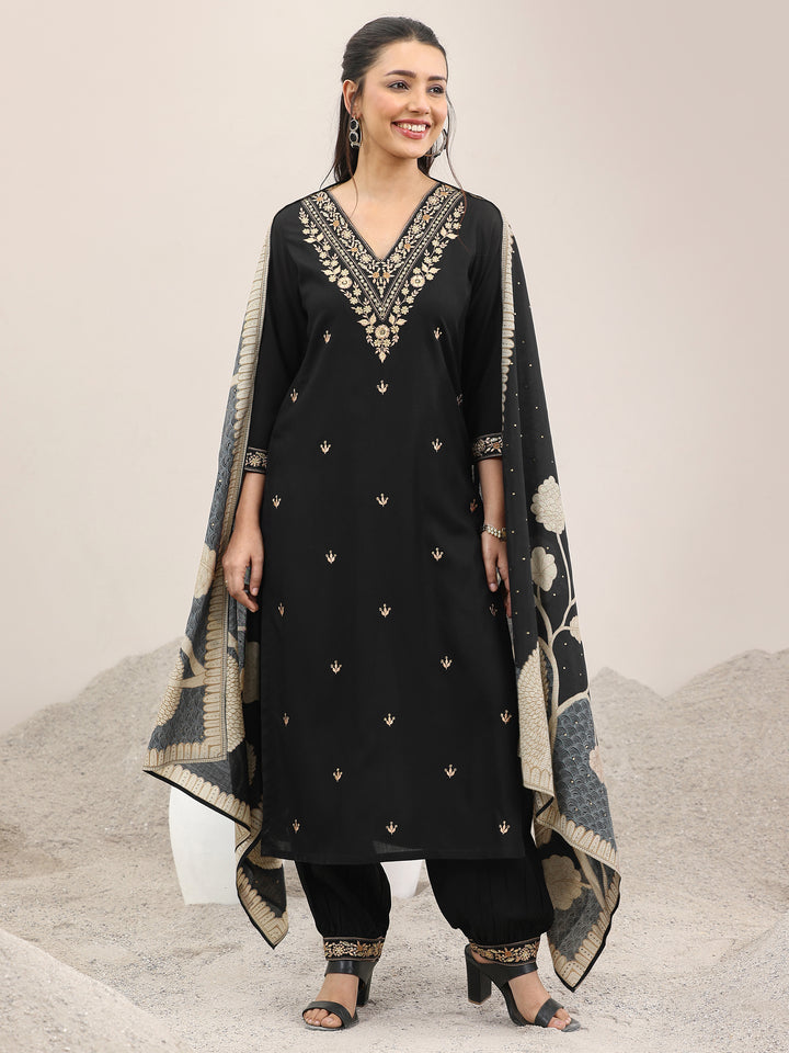 Black Embroidered Rayon Straight Suit With Dupatta
