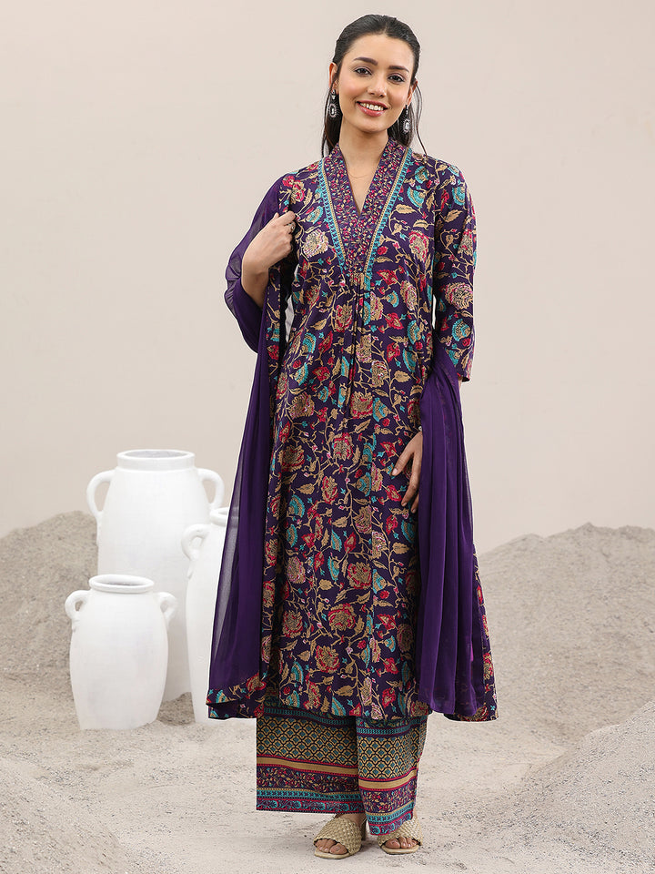 Purple Printed Cotton A-Line Suit Set With Dupatta