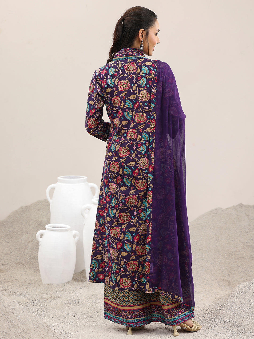 Purple Printed Cotton A-Line Kurta With Palazzos & Dupatta