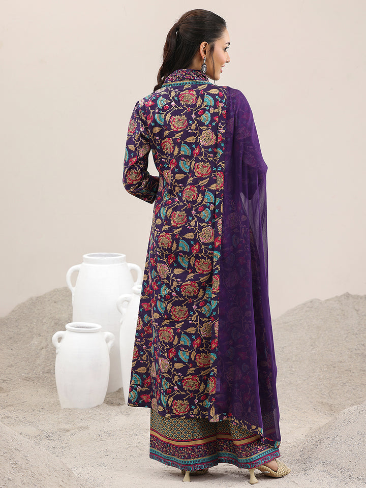Purple Printed Cotton A-Line Suit Set With Dupatta