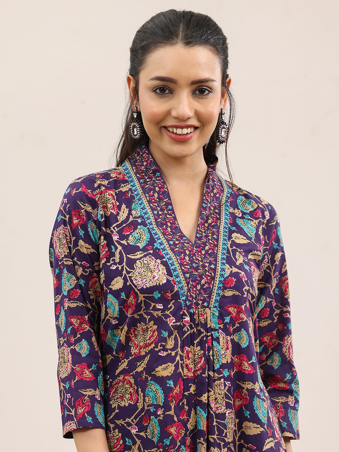 Purple Printed Cotton A-Line Suit Set With Dupatta