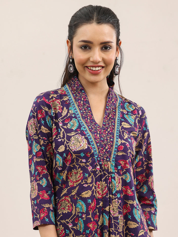 Purple Printed Cotton A-Line Suit Set With Dupatta