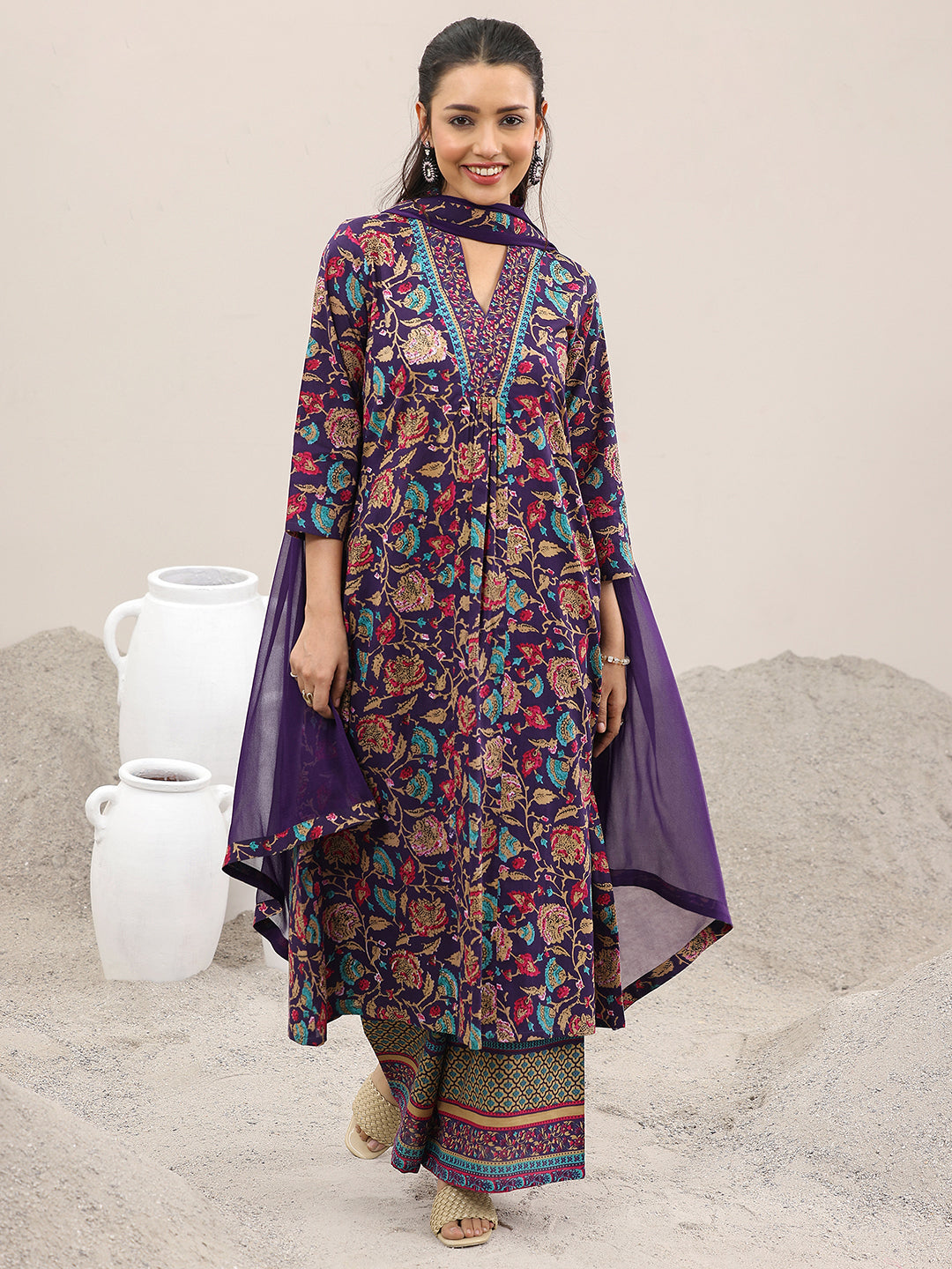 Purple Printed Cotton A-Line Suit Set With Dupatta