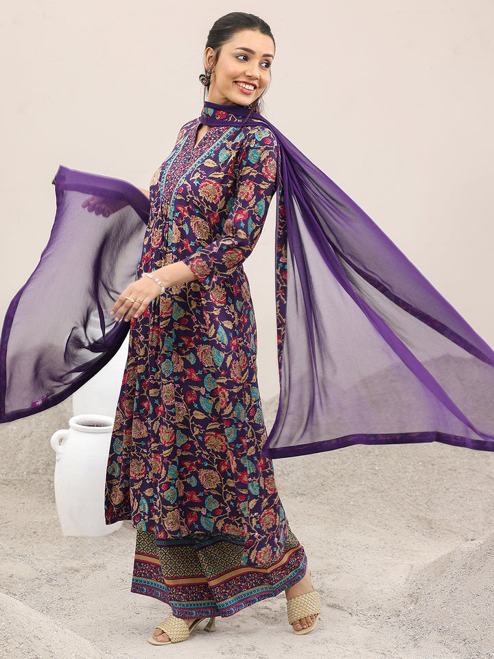 Purple Printed Cotton A-Line Suit Set With Dupatta
