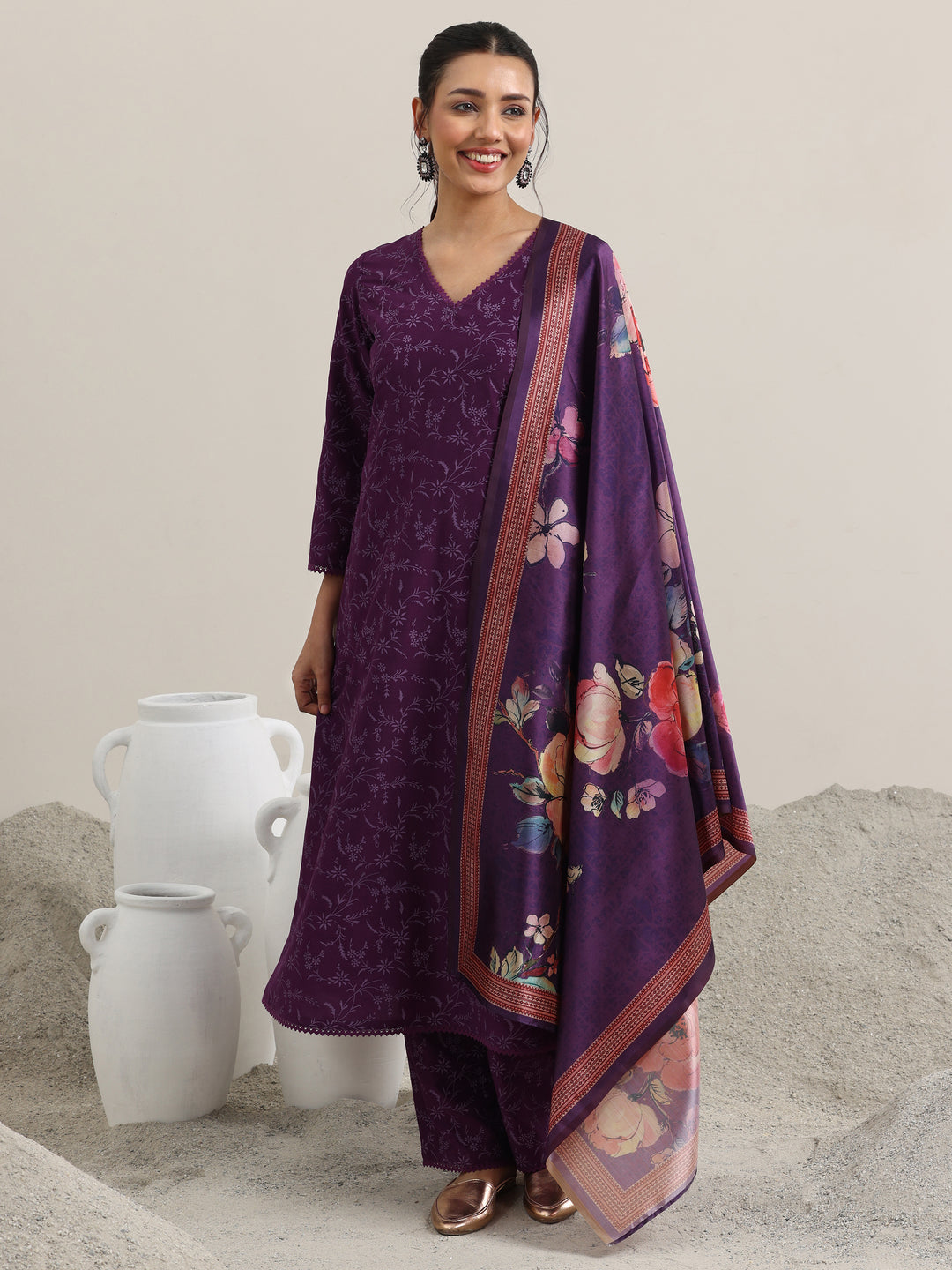 Purple Printed Silk Blend A-Line Kurta With Trousers & Dupatta