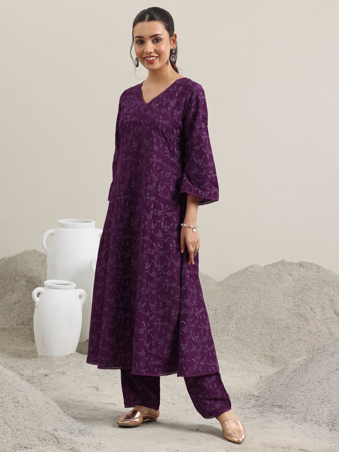 Purple Printed Silk Blend A-Line Kurta With Trousers & Dupatta