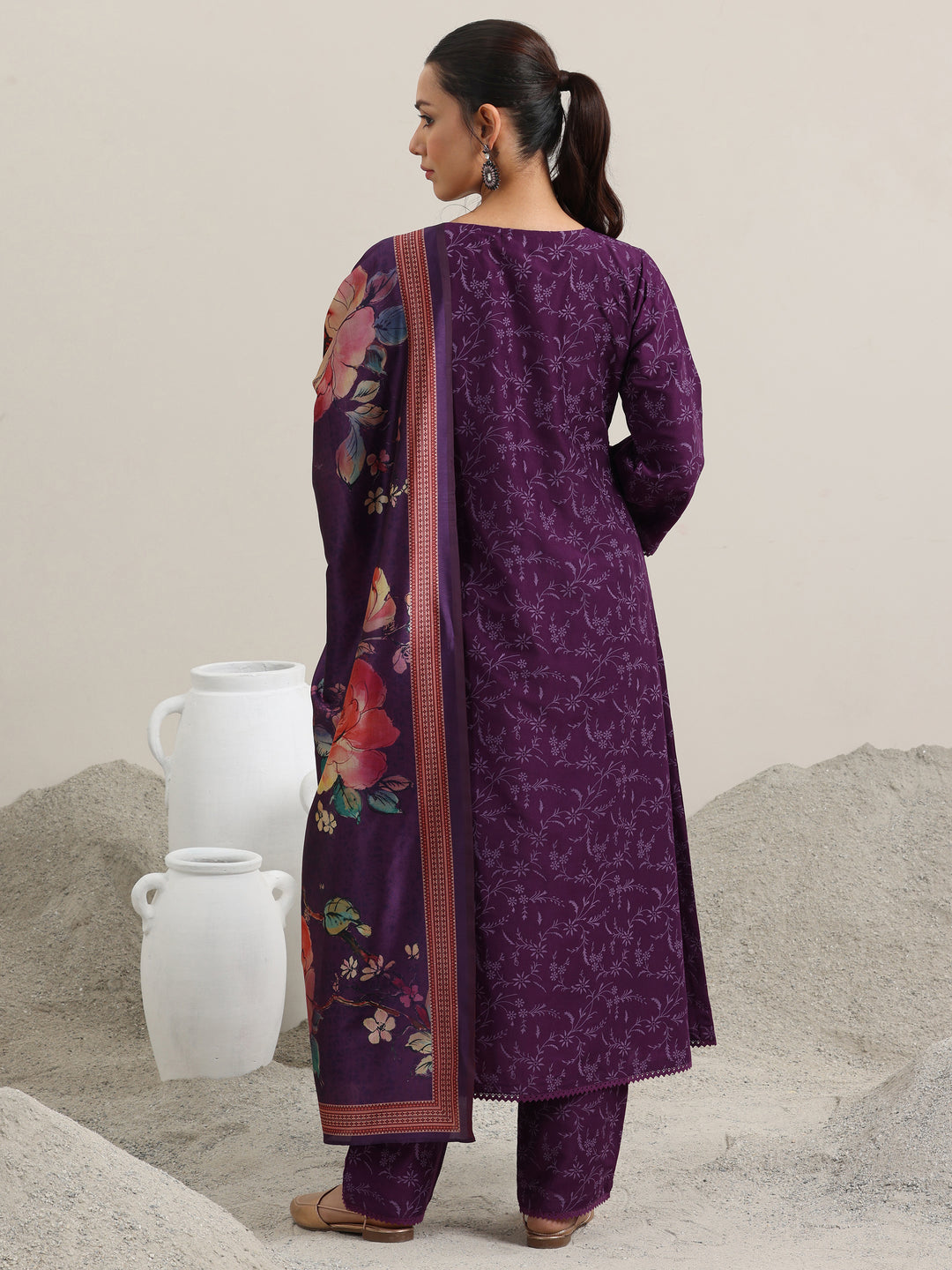 Purple Printed Silk Blend A-Line Kurta With Trousers & Dupatta