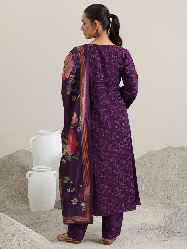Purple Printed Silk Blend A-Line Kurta With Trousers & Dupatta